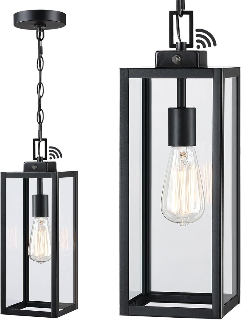 Faymart lighting إضاءة معلقة خارجية 17 بوصة من الغسق إلى الفجر، ضوء معلق حساس لمدخل الشرفة، فوانيس معدنية وزجاجية مع جهاز استشعار للضوء الخارجي، للإضاءة عند الباب الأمامي، E26 - Image 1